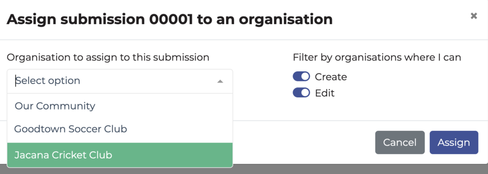 Pop-up window to select an org to assign the application to