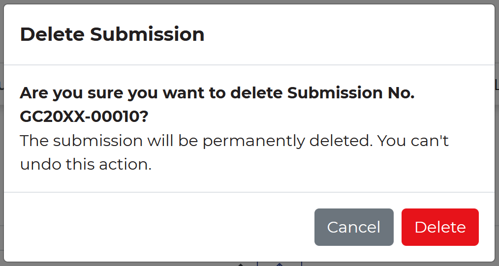 Pop-up window to delete a submission