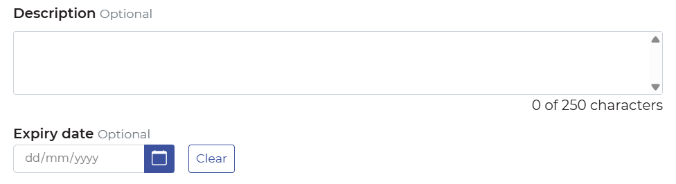 Screen shows the Description field and Expiry Date fields