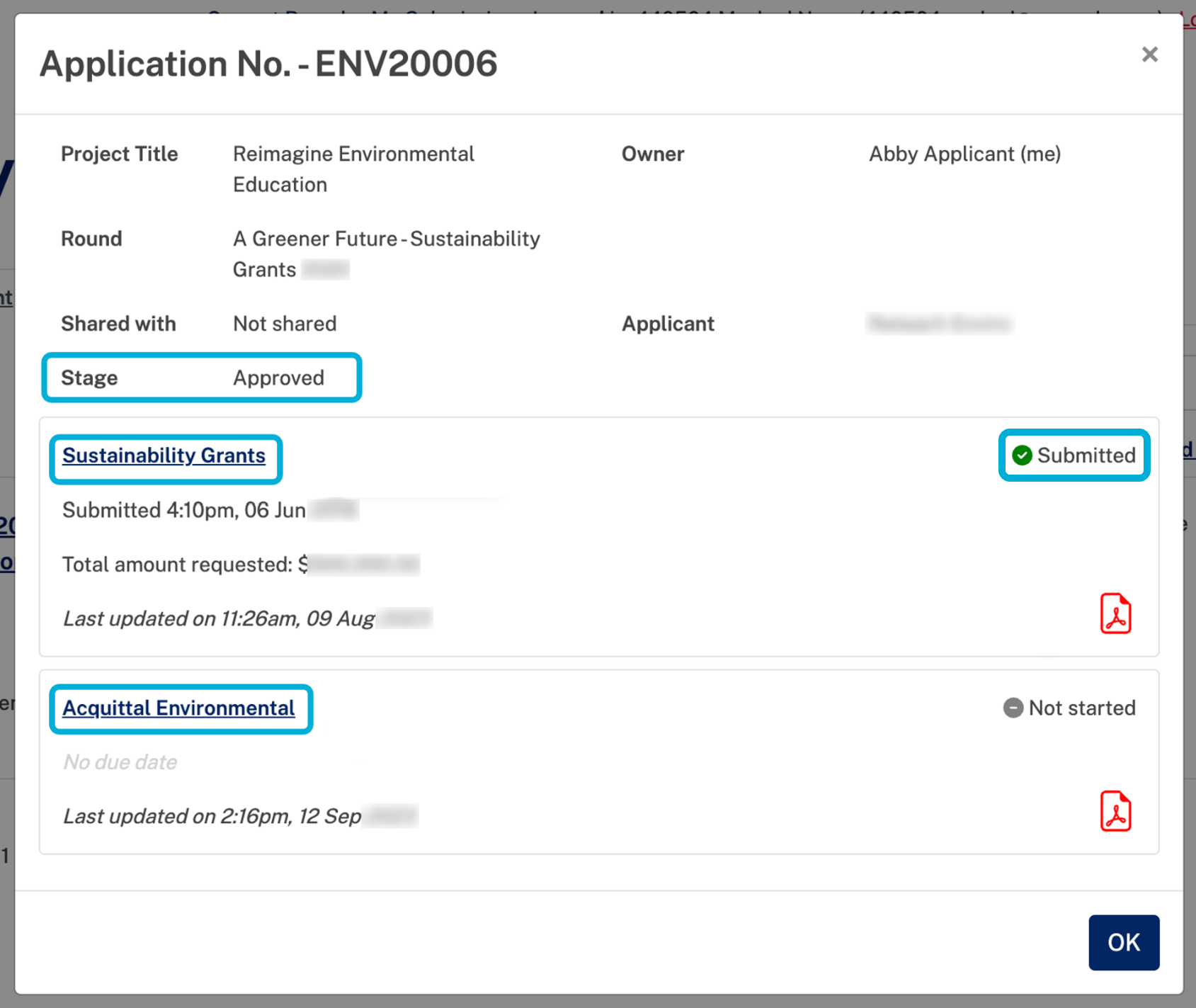 An example screenshot of the pop-up window that appears after clicking on an application ID from the My Submissions page. The Stage, name of the forms, and form status have all been highlighted for reference.