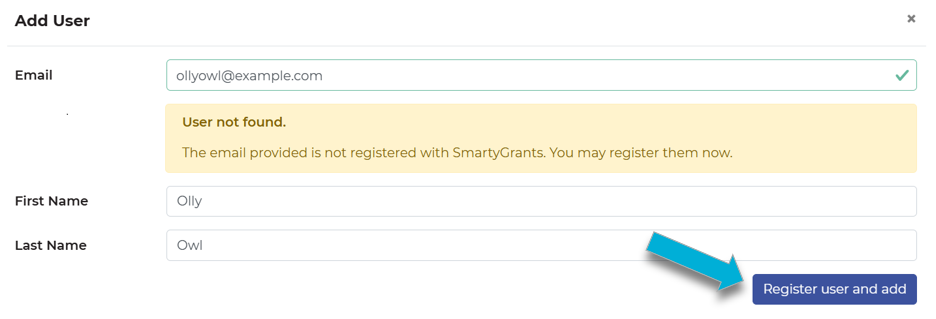 Highlighting the 'Register user and add' button