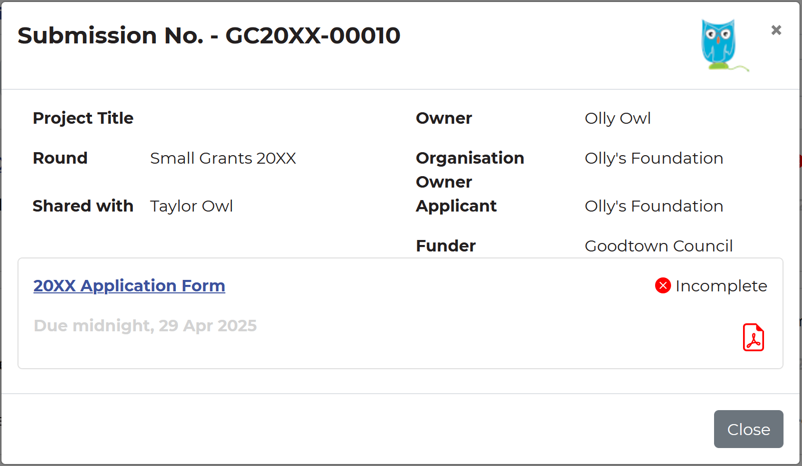 Pop-up window that appears after selecting a submission number