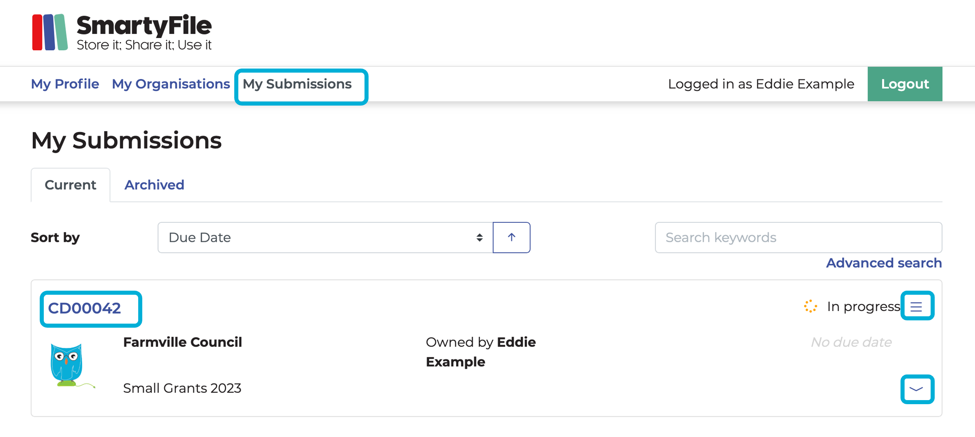 My Submissions page with the Submission ID slash Application ID highlighted