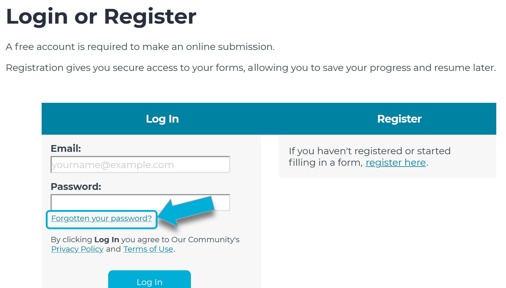 An image of the login page. An arrow points to a link that reads 'Forgotten your password' underneath the password field.