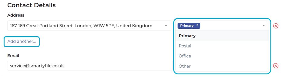 Highlighting the 'Add another' link and the dropdown menu for the category of the contact field
