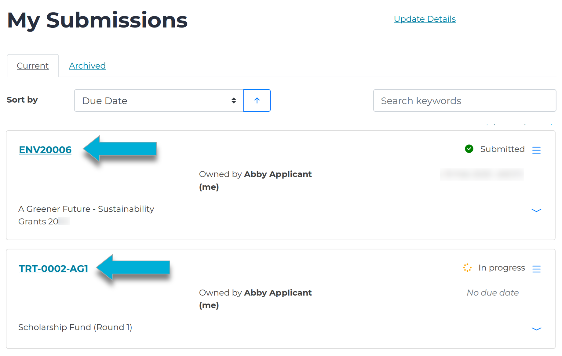 An image of the My Submissions page. An arrow points to the Application ID on the top-left hand side of an application record.