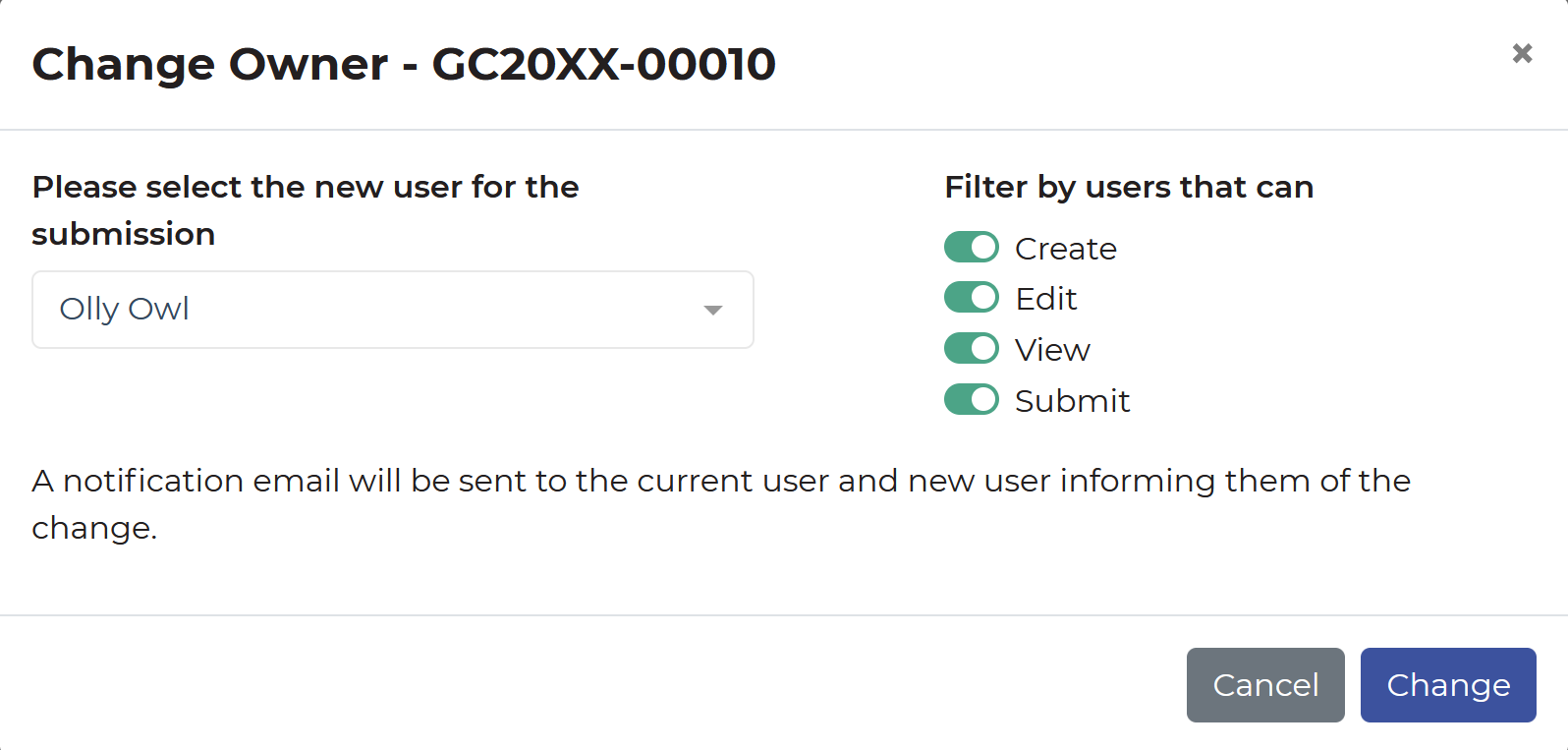Pop up window that appears to change the owner