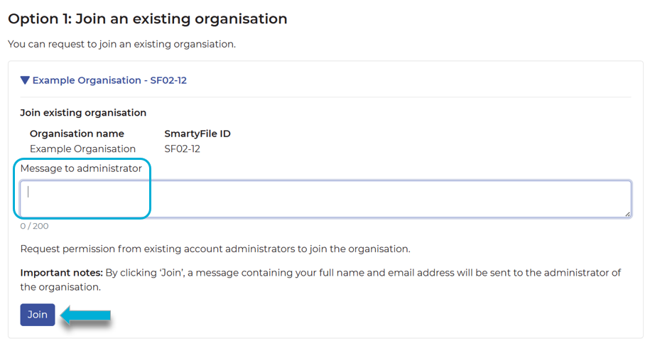 Highlighting the 'message to administrator' field and the join button