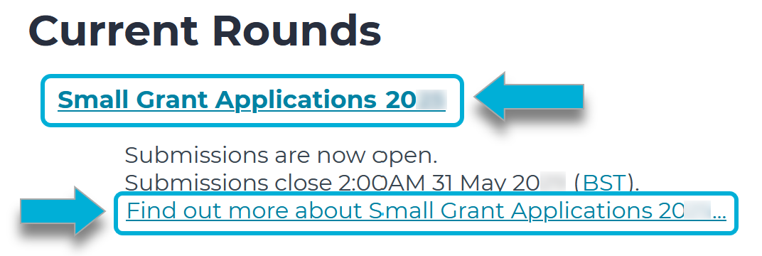 An example screenshot of a funder's home page. Under the Current Rounds header, arrows point to the name of the round and a link to find out more about the round.