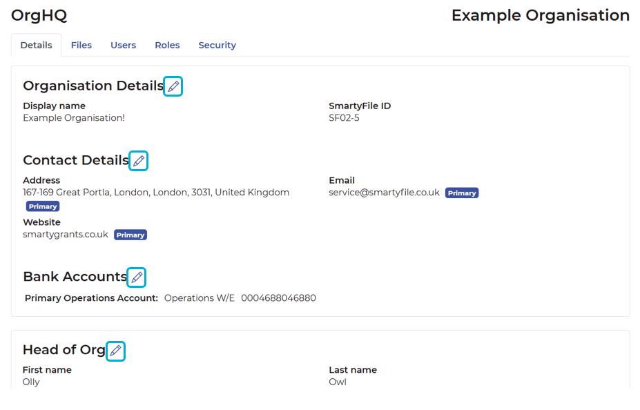 Highlighting the pencil icons next to the various headers on the OrgHQ