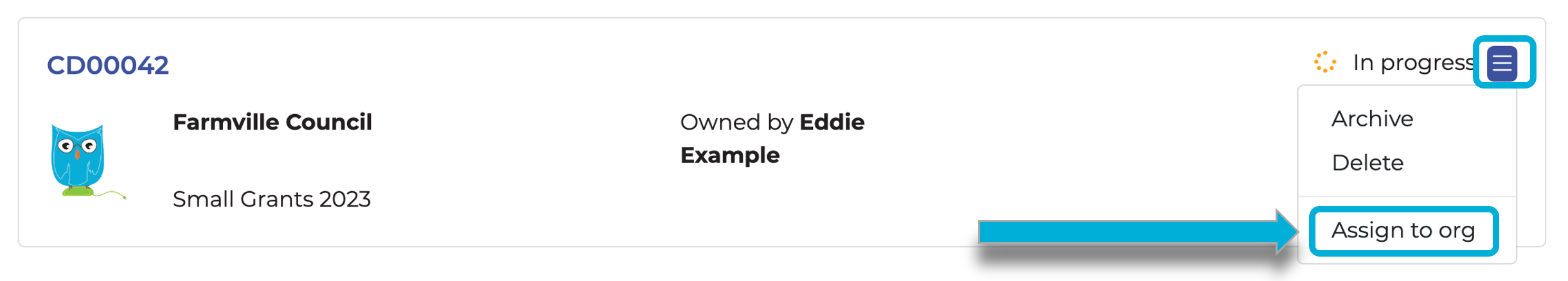 Highlighting the 'Assign to org' link