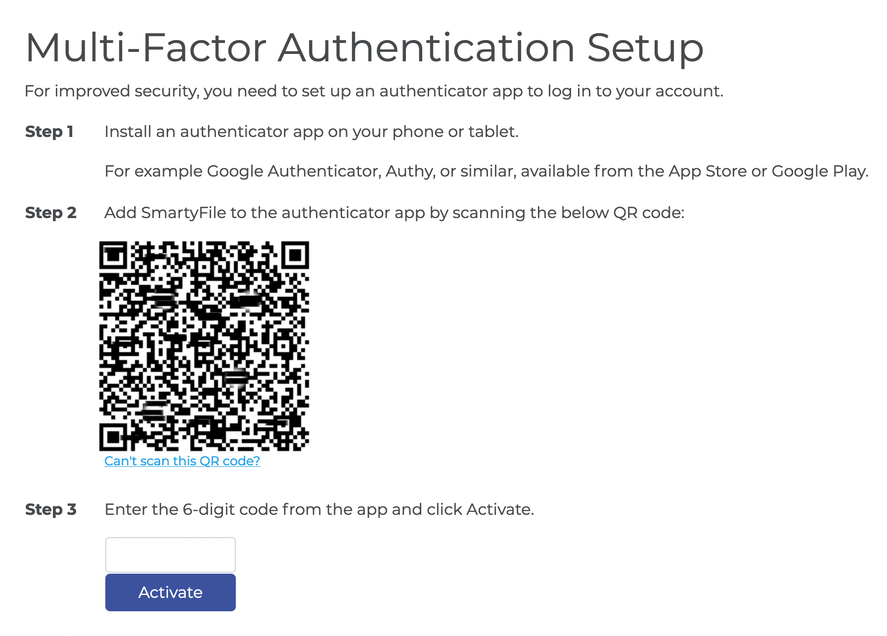 Screen shows the Multi-Factor Authentication setup view.