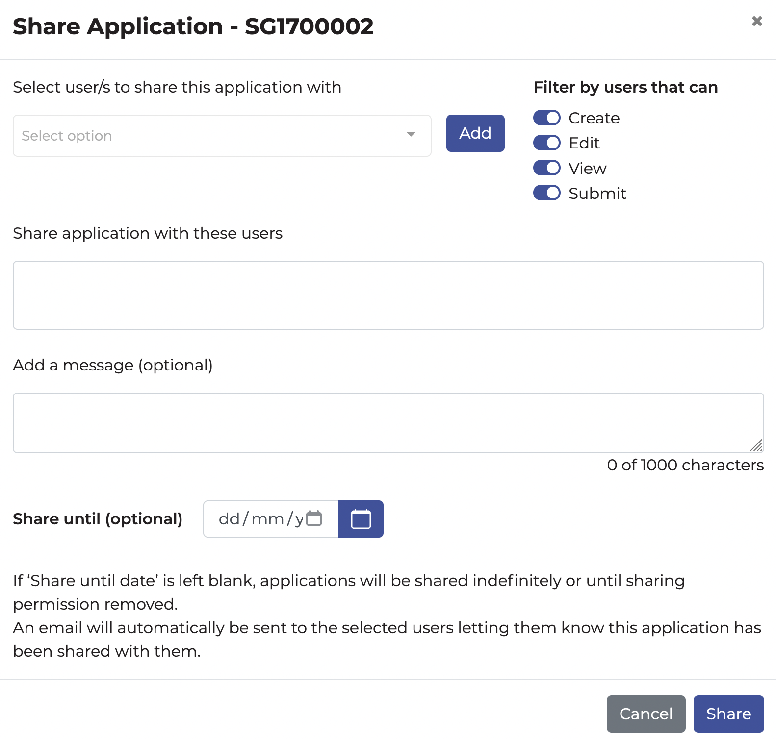 Pop-up window to share an application. It shows the fields to select the users, add a message, and set a share until date
