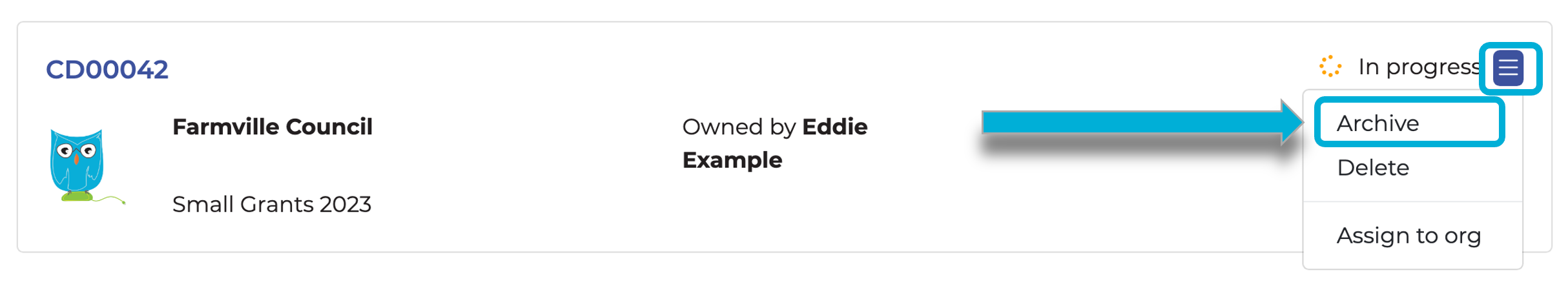 Highlighting the 'Archive' link from the application settings dropdown
