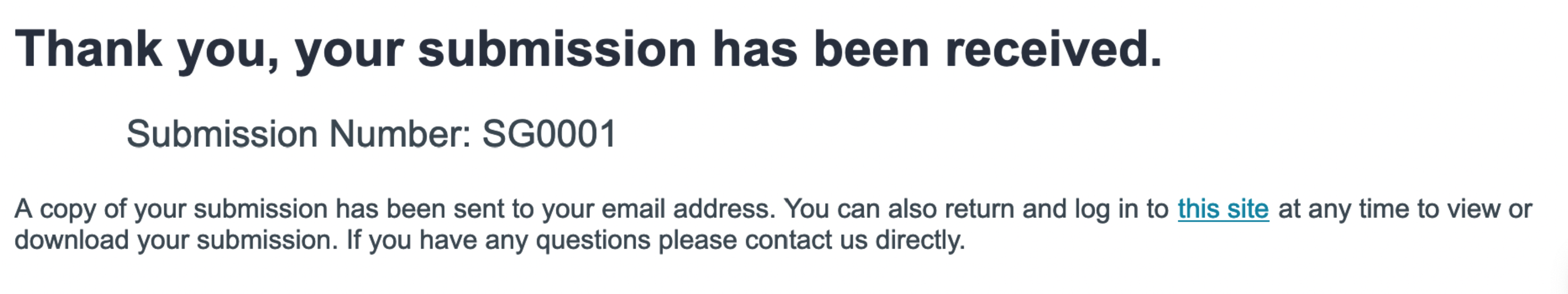 A screenshot of the confirmation of submission page.