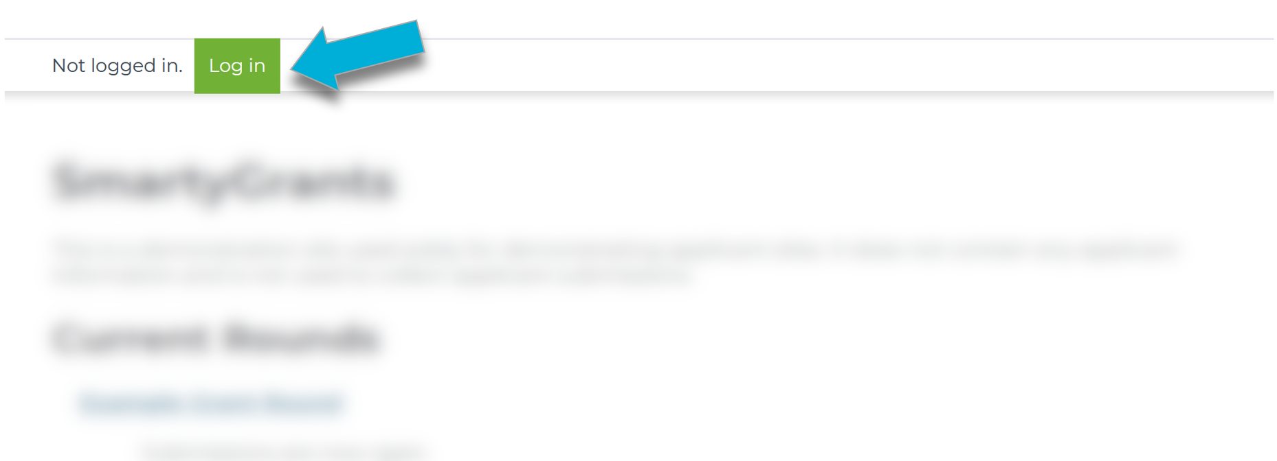 An image of the application portal. An arrow points to the Log In button in the top-left hand corner.