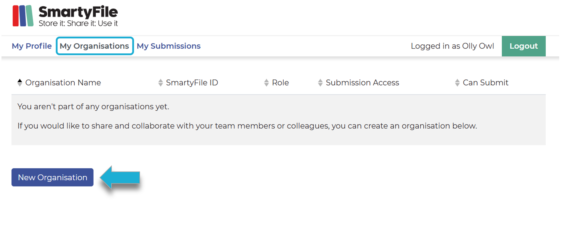 My Organisations page with an arrow pointing to New Organisations button