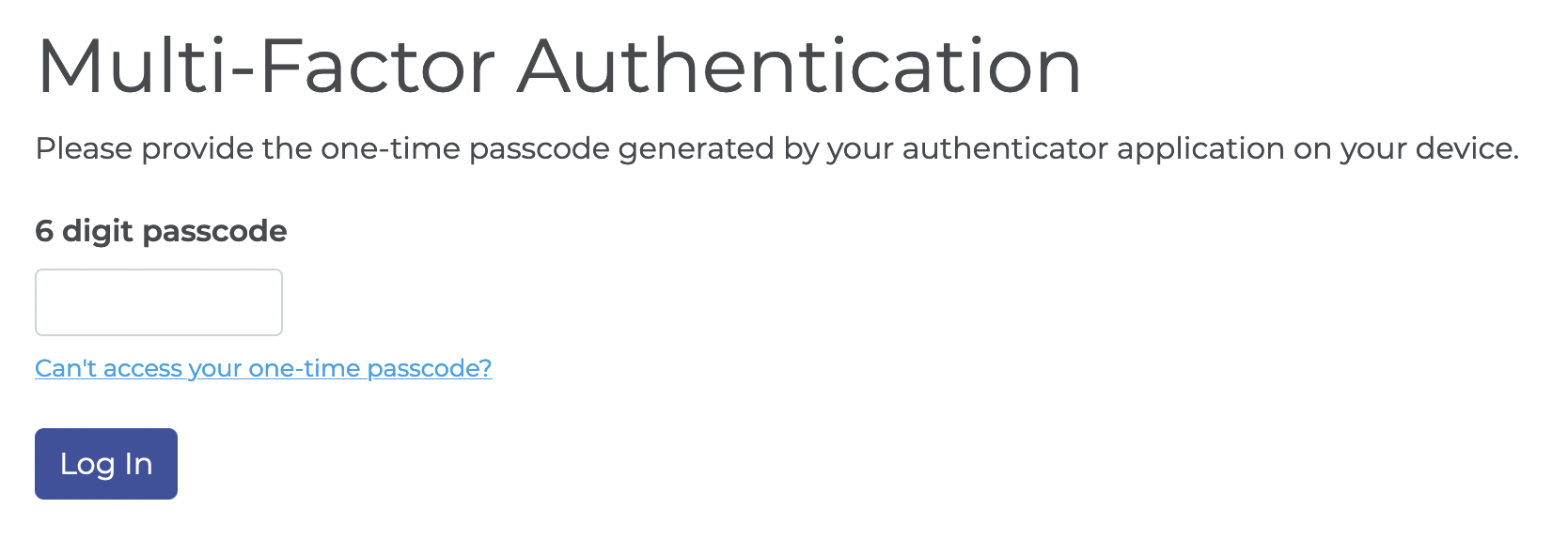 Screen shows the Multi-Factor Authentication passcode screen as part of the login process.