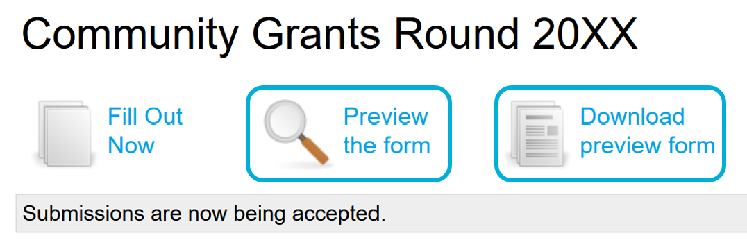 Image shows an example of the options after selecting on the name of a round. The options highlighted are 'preview the form' and 'download preview form'.