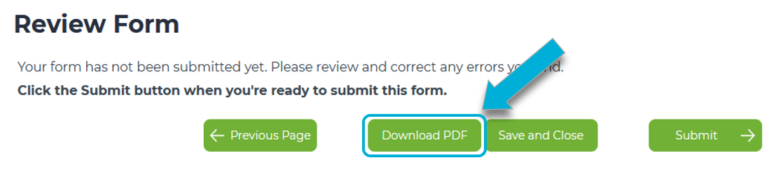 Image displays the top of the Review and Submit screen. An arrow is pointing to the 'Download PDF' button that only appears on this page.